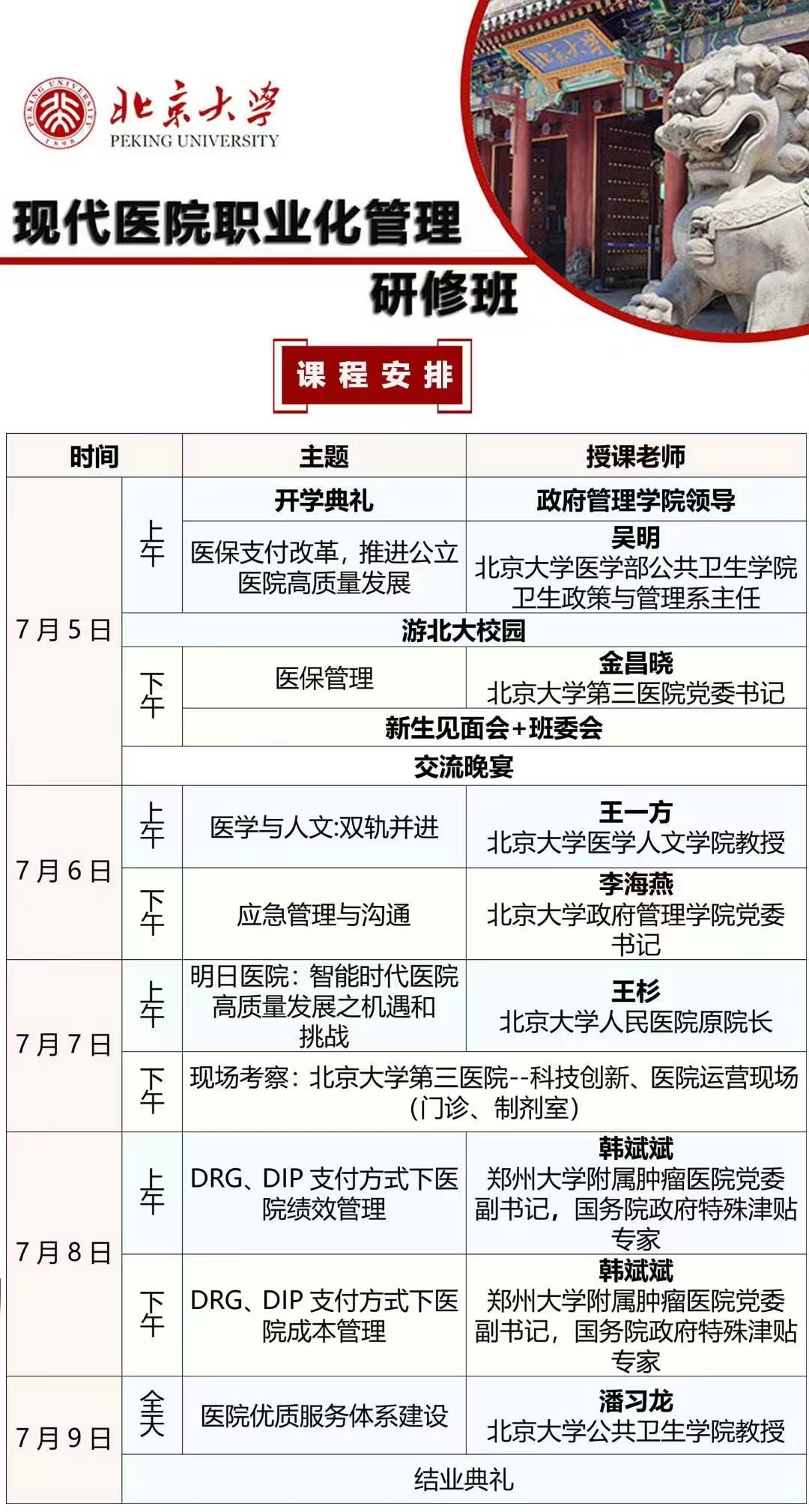 2023年7月5日吴明、金昌晓、王一方、李海燕、王杉、韩斌斌、潘习龙主讲北京大学现代医院职业化管理研修班上课通知