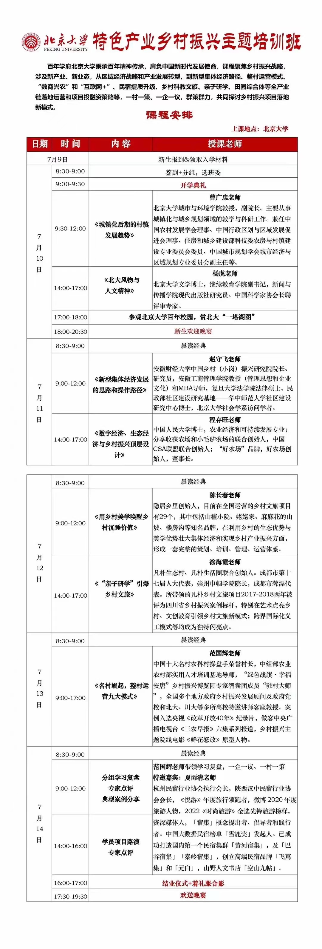 2023年7月10日曹广忠、杨虎、赵守飞、程存旺、陈长春、涂海霞、范国辉、夏雨清主讲北京大学特色产业乡村振兴主题培训班上课通知